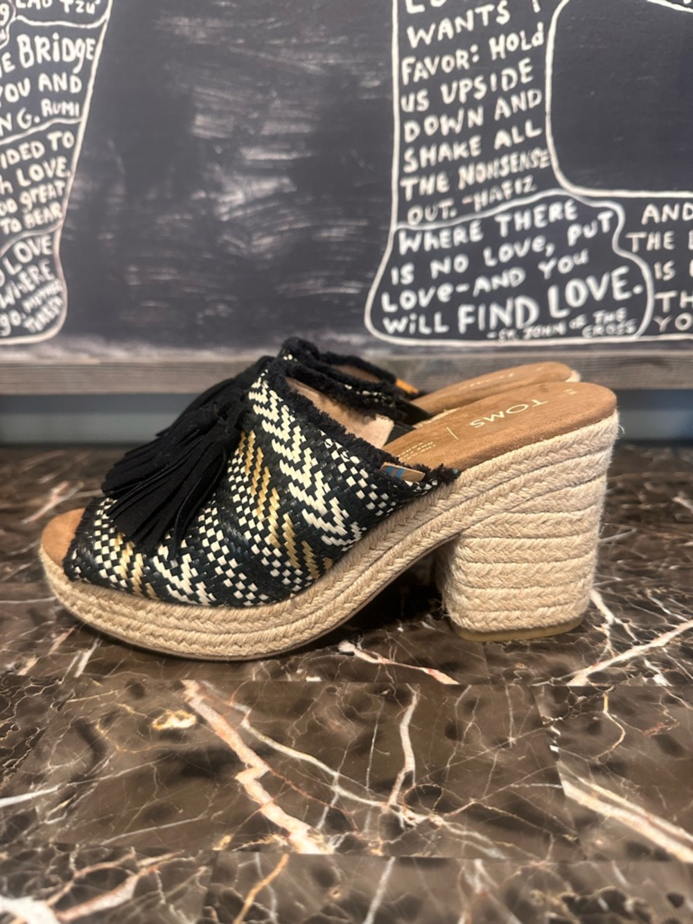 TOMS Black Woven Tassel Espadrille Wedge Slides